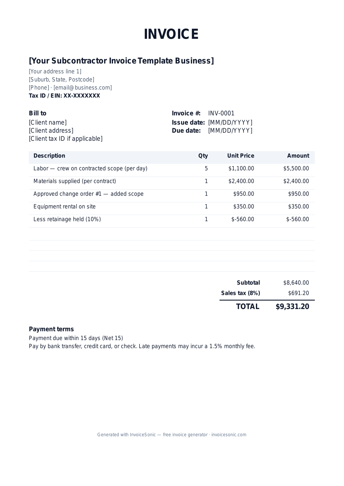 Subcontractor Invoice Template invoice template preview — free editable Word, Excel and PDF
