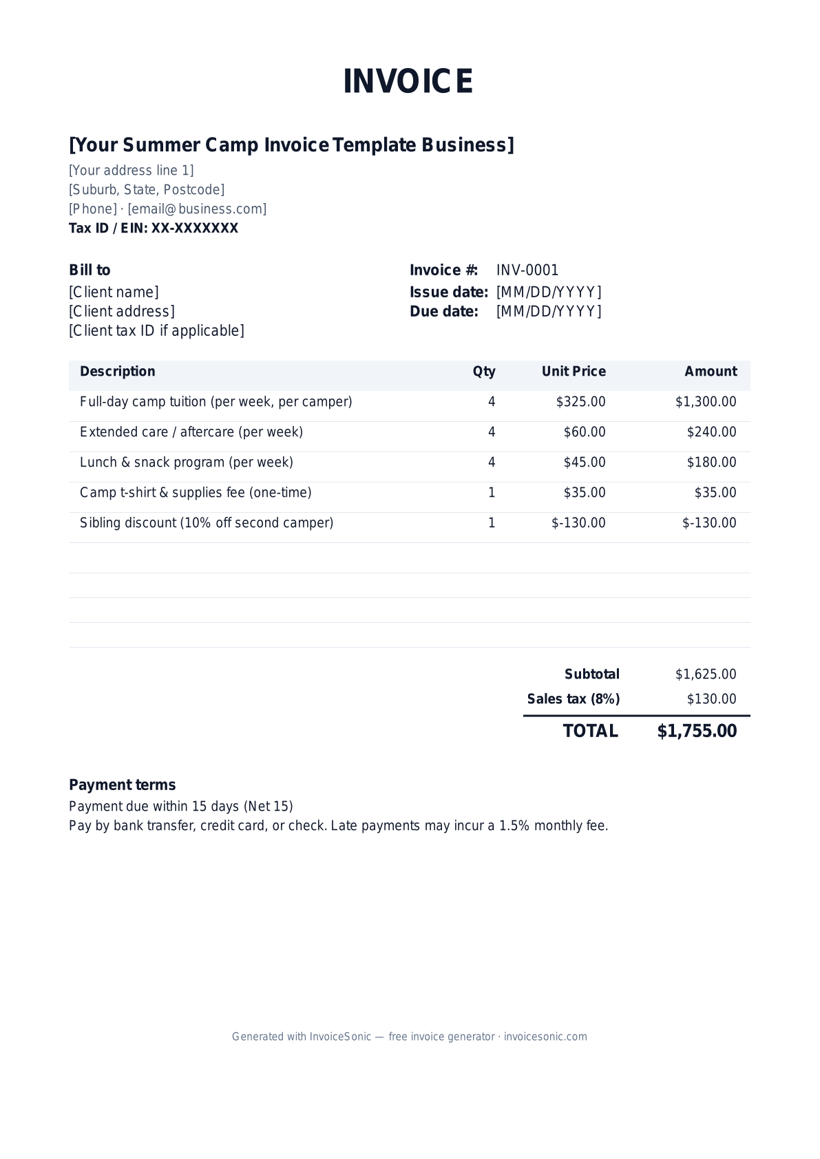 Summer Camp Invoice Template invoice template preview — free editable Word, Excel and PDF