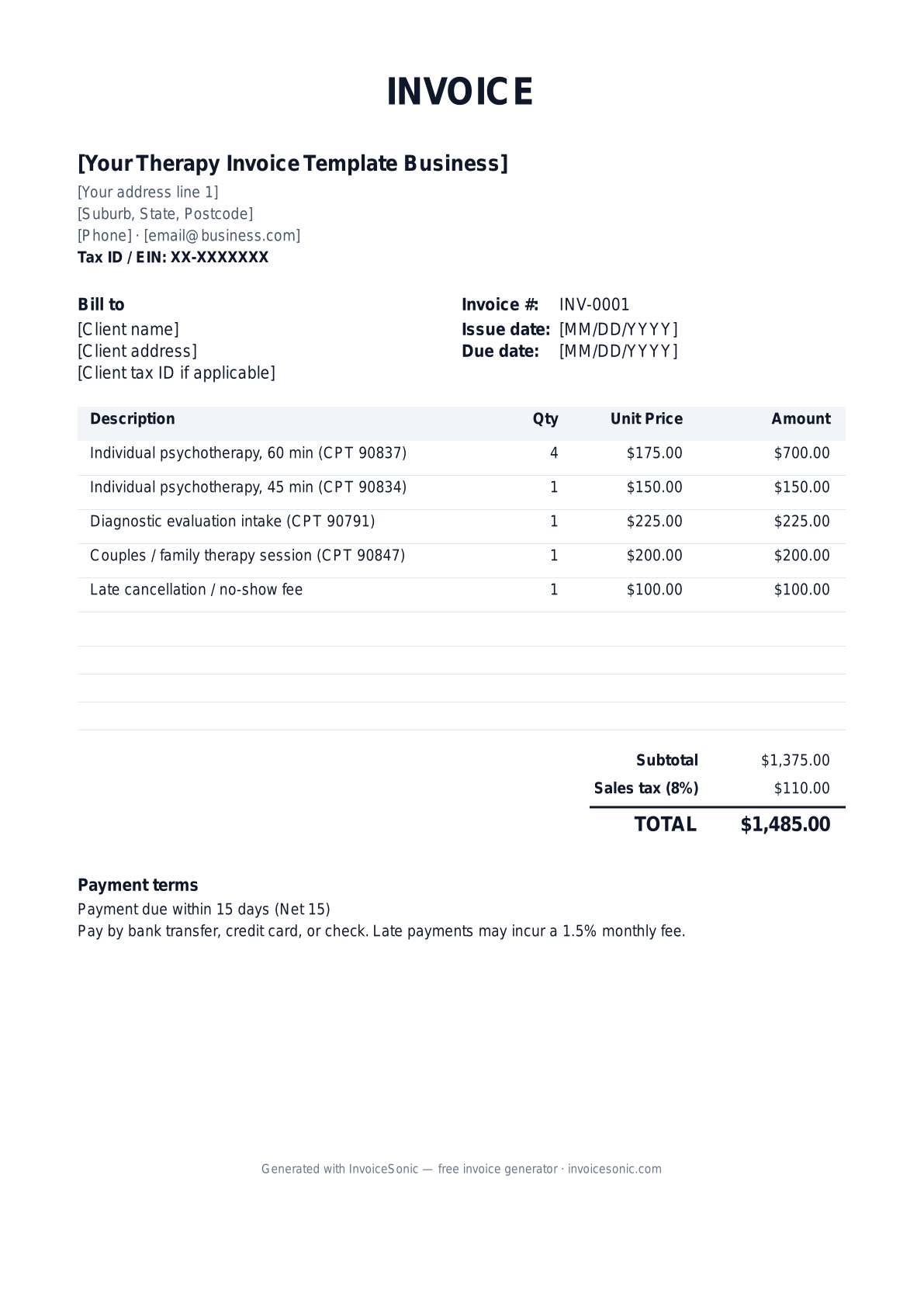 Therapy Invoice Template invoice template preview — free editable Word, Excel and PDF