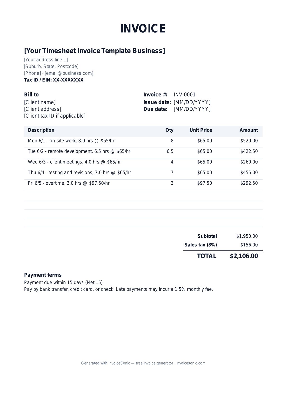 Timesheet Invoice Template invoice template preview — free editable Word, Excel and PDF