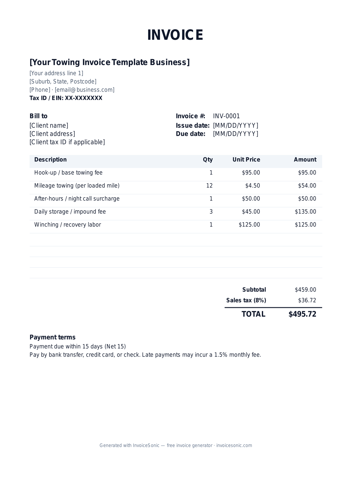 Towing Invoice Template invoice template preview — free editable Word, Excel and PDF