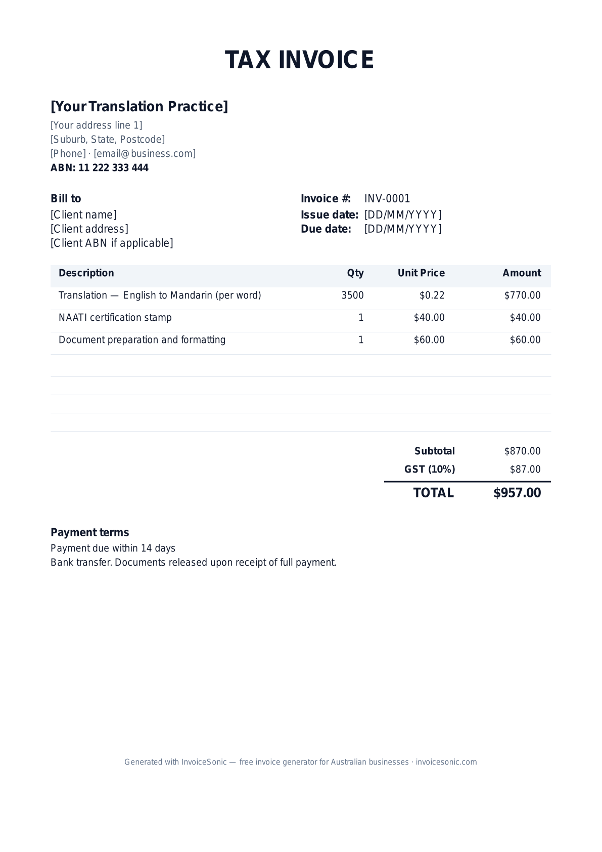 Translator invoice template preview — editable Word, Excel and PDF tax invoice