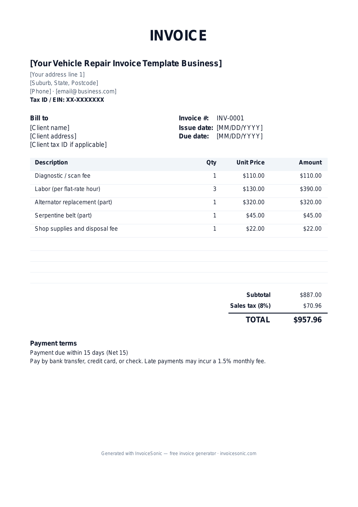 Vehicle Repair Invoice Template invoice template preview — free editable Word, Excel and PDF