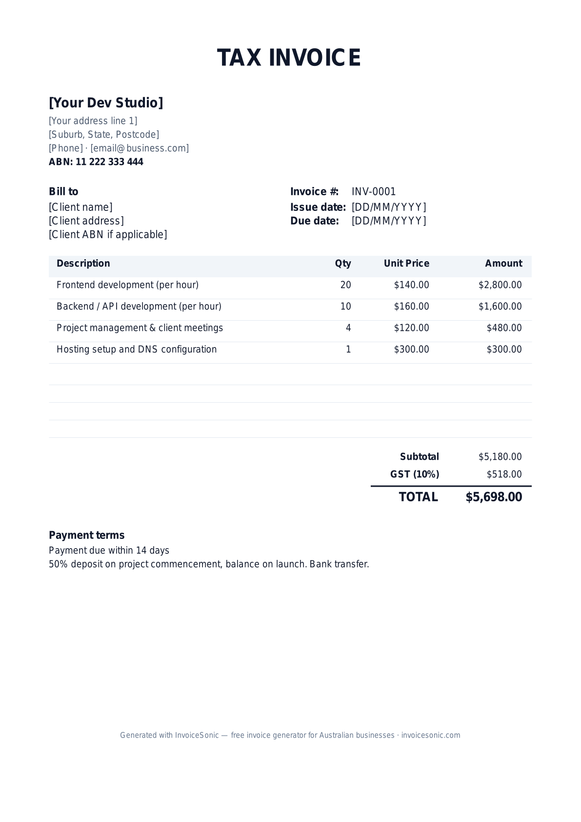 Web Developer invoice template preview — editable Word, Excel and PDF tax invoice